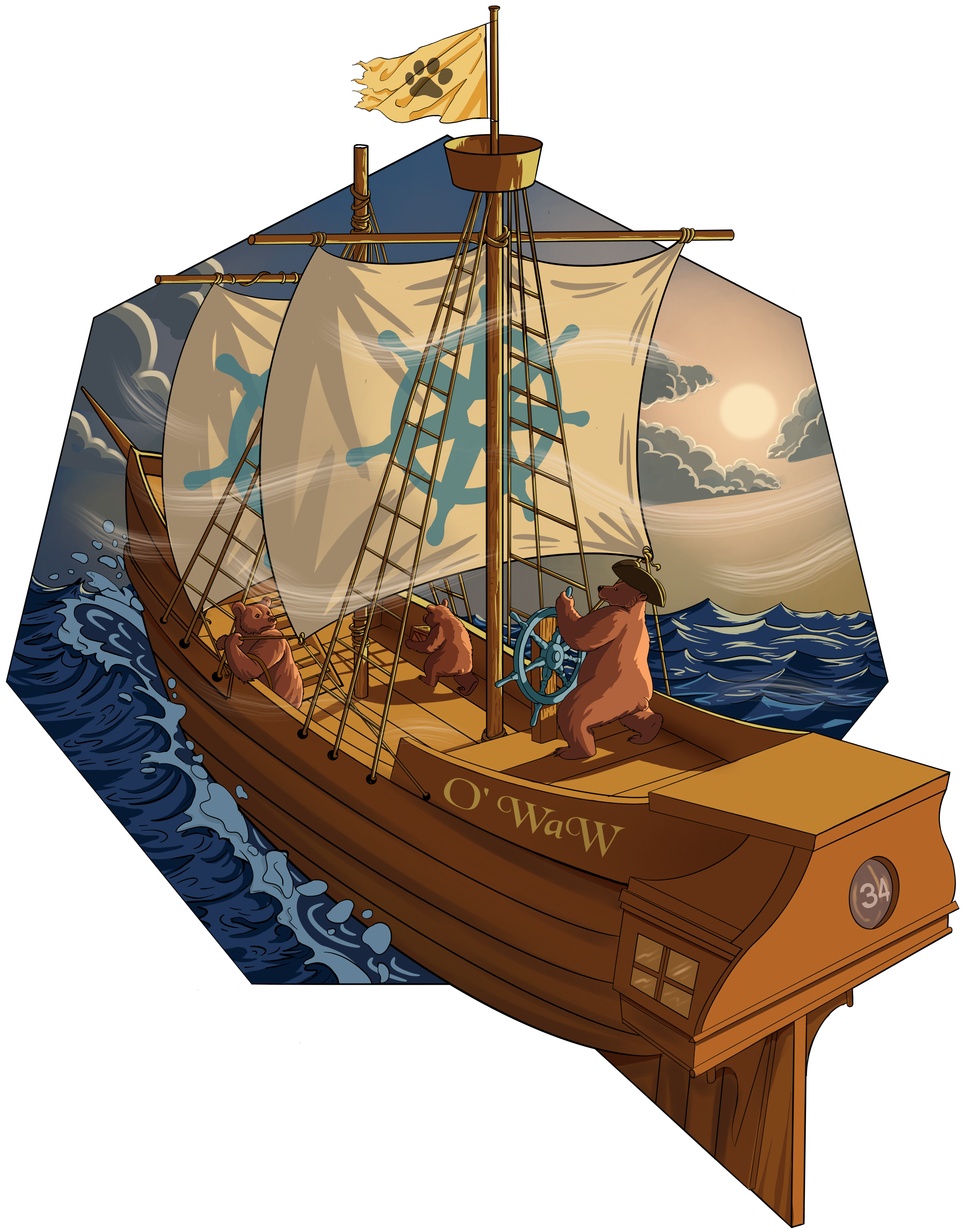 Kubernetes v1.34 徽标：三只熊驾驶一艘木船在海上航行，船帆上有爪印与舵轮标志，海风吹拂。